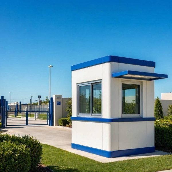A_modern_white_and_blue_fiberglass_guard_kiosk_positioned_at